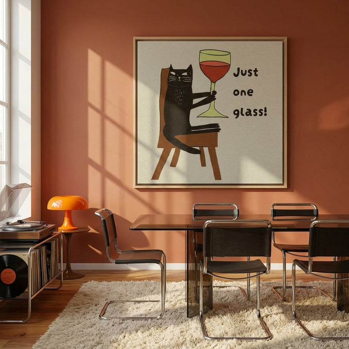 Oversized statement canvas wall art with a natural timber surround styled on the wall in a retro 70s dining room
