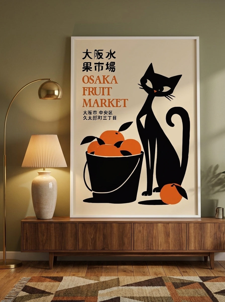 Modern wall art print standing on a sideboard in a mid-century living room