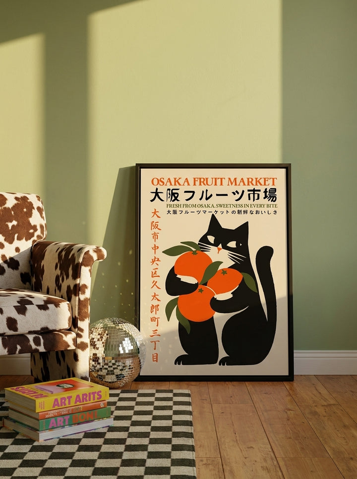 Canvas wall art with a black surround leaning against the wall in a colourful eclectic living room