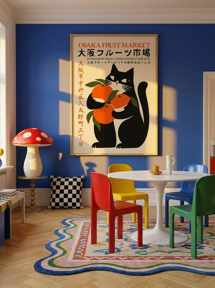 Oversized statement modern wall art print styled on the wall in a colourful eclectic dining room