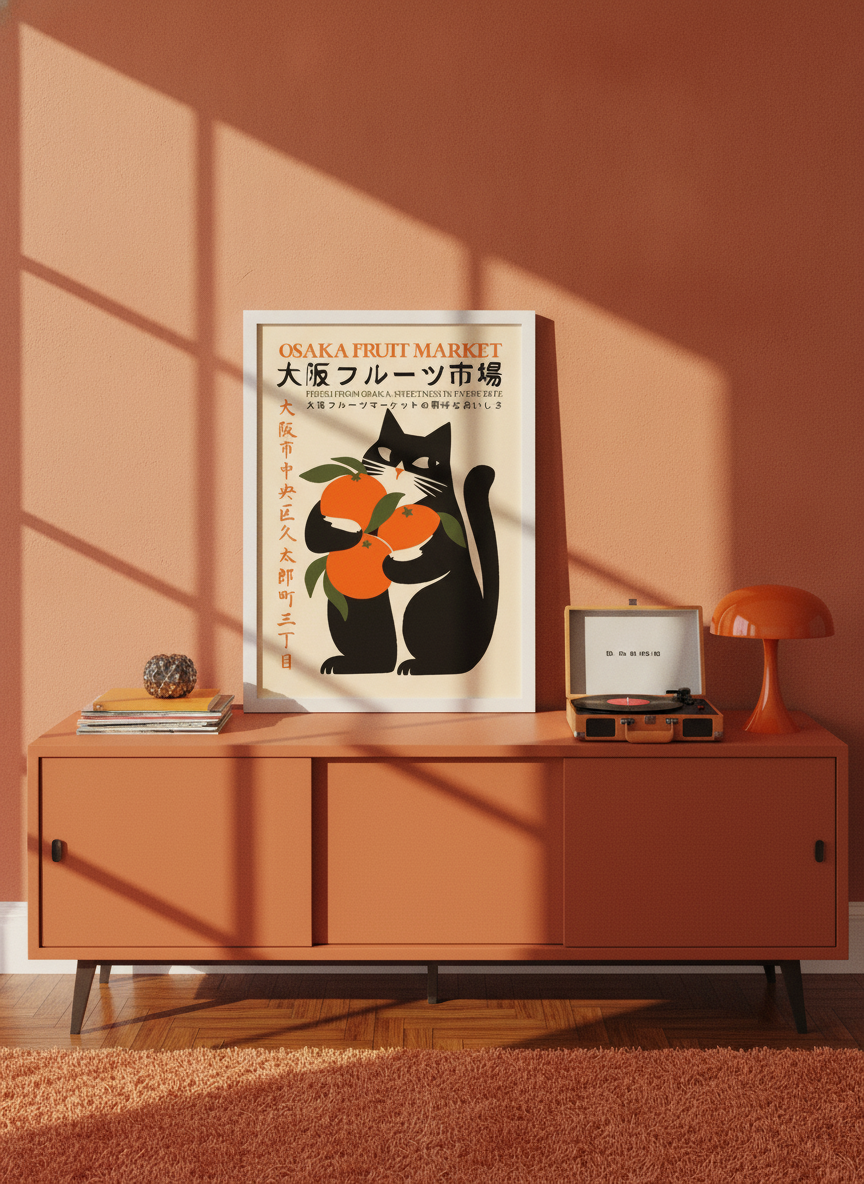 Modern wall art print standing on a sideboard in a retro 70s living room