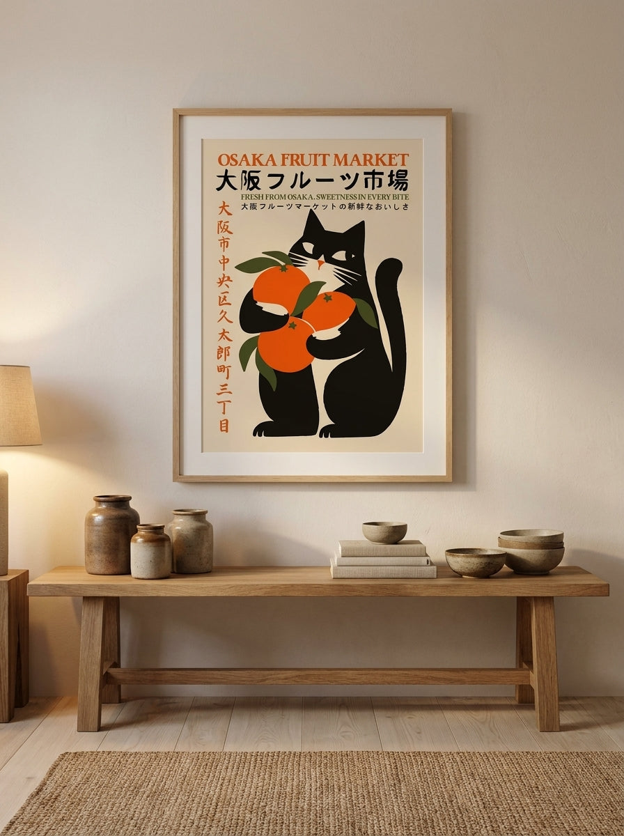 Modern wall art print styled on the wall in a warm Japandi kitchen