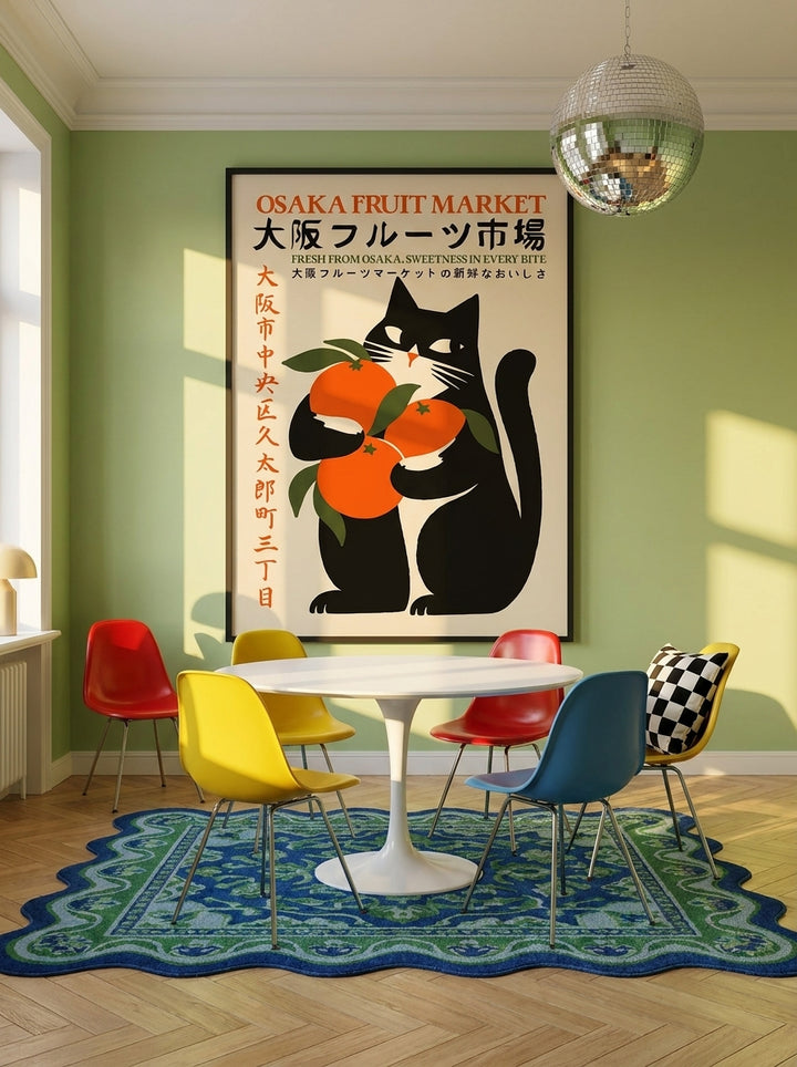 Oversized statement modern wall art print styled on the wall in a colourful eclectic dining room