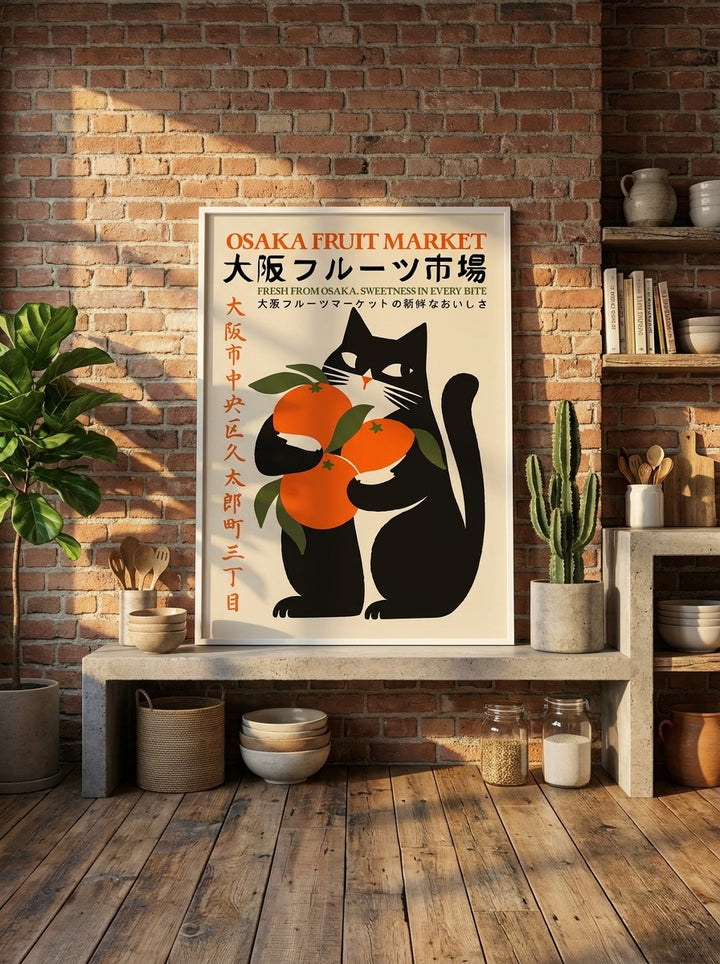 Modern wall art print standing on a kitchen bench in an industrial loft kitchen