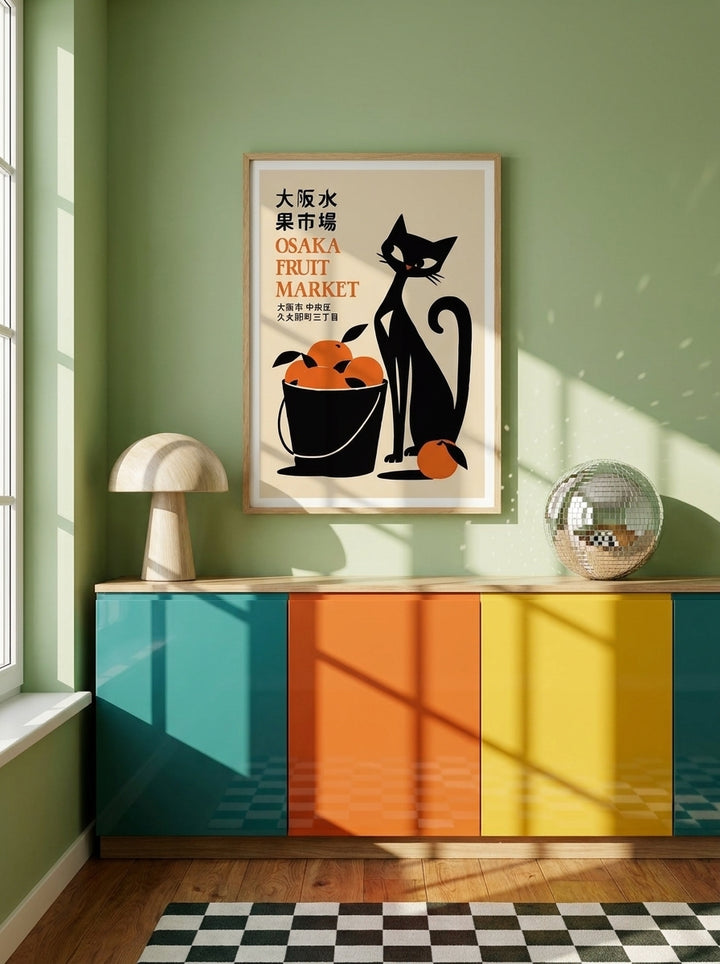 Modern wall art print styled on the wall in a colourful eclectic kitchen