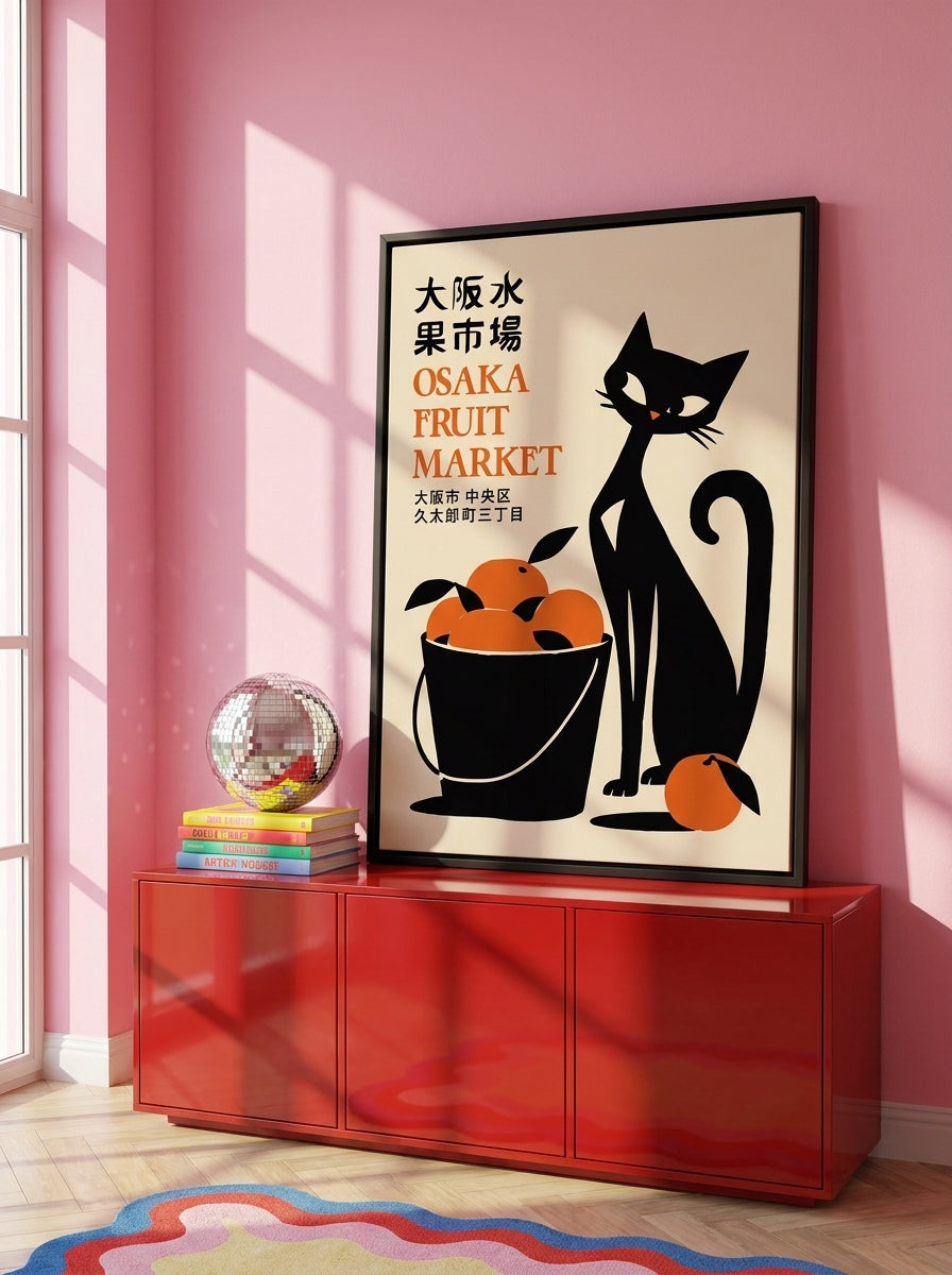 Canvas wall art with a black surround standing on a sideboard in a colourful eclectic living room