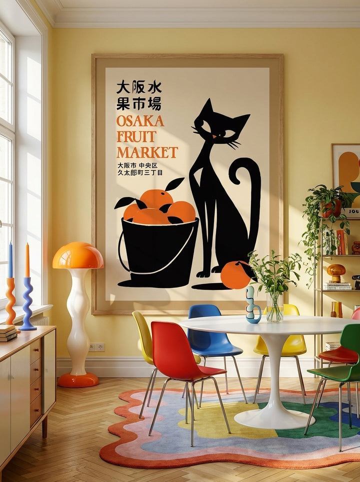 Oversized statement modern wall art print styled on the wall in a colourful eclectic dining room