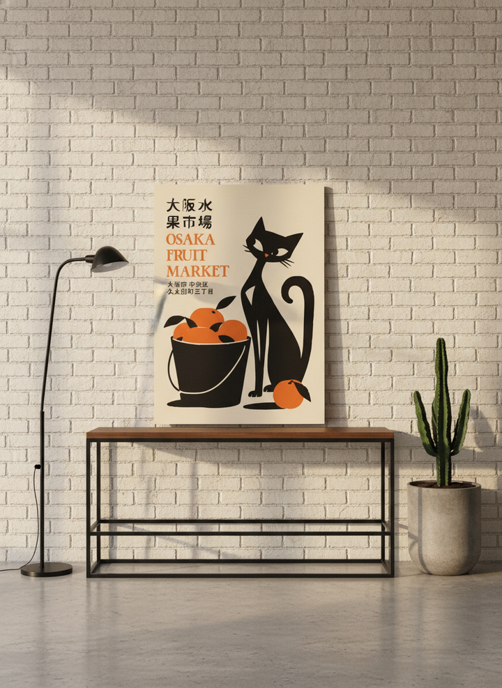 Stretched canvas wall art standing on a console in an industrial loft dining room