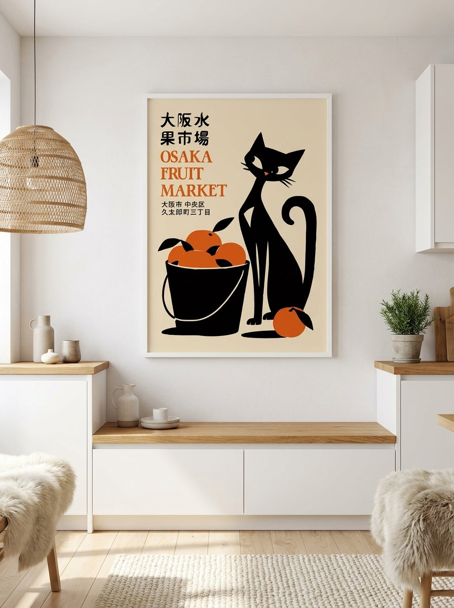 Modern wall art print styled on the wall in a bright Scandinavian kitchen