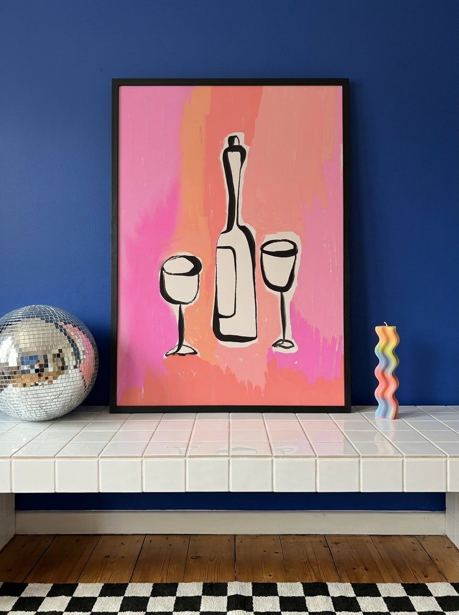 Modern wall art print standing on a kitchen bench in a colourful eclectic kitchen