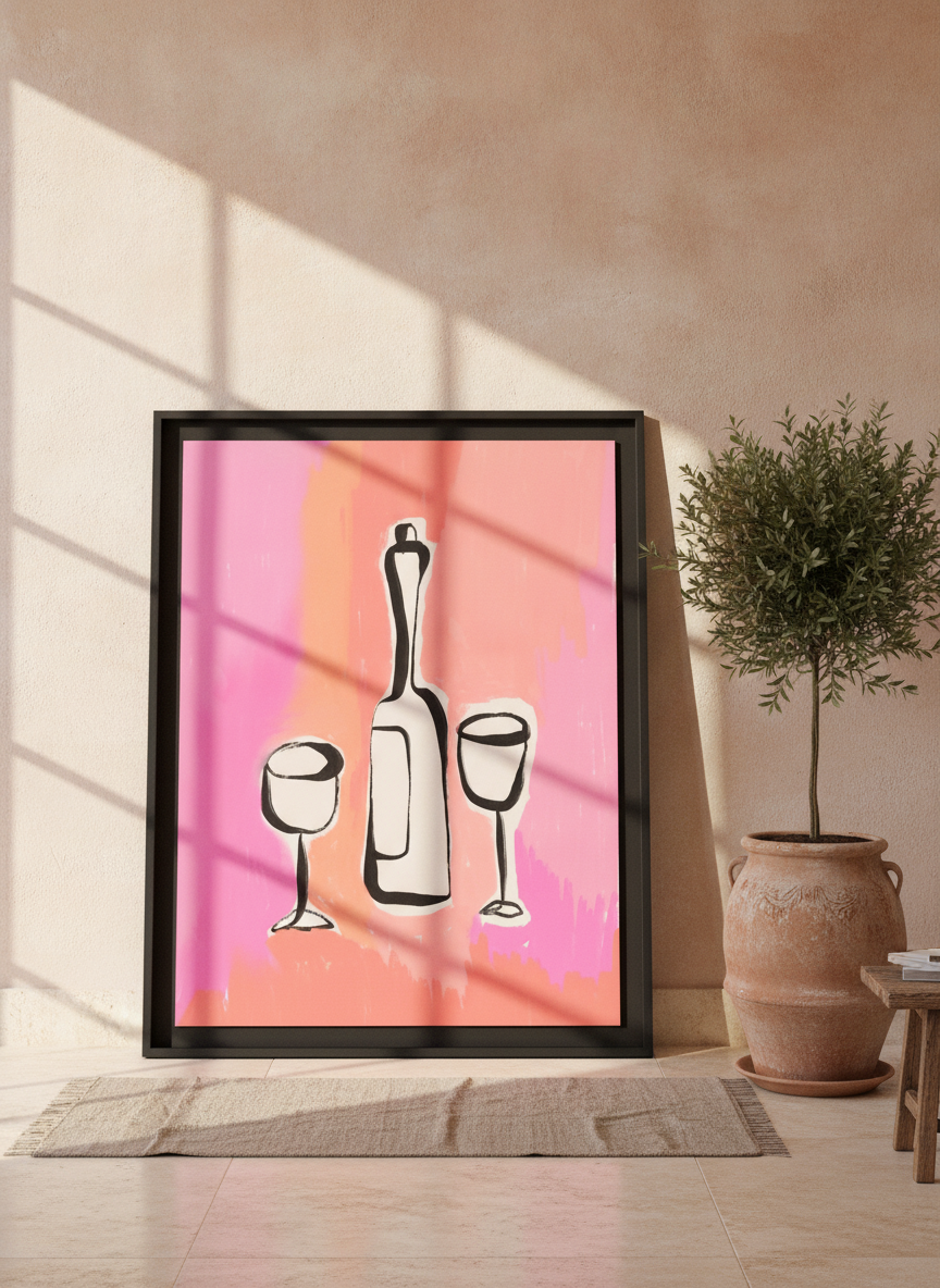 Oversized statement modern wall art print leaning against the wall in a Mediterranean dining room