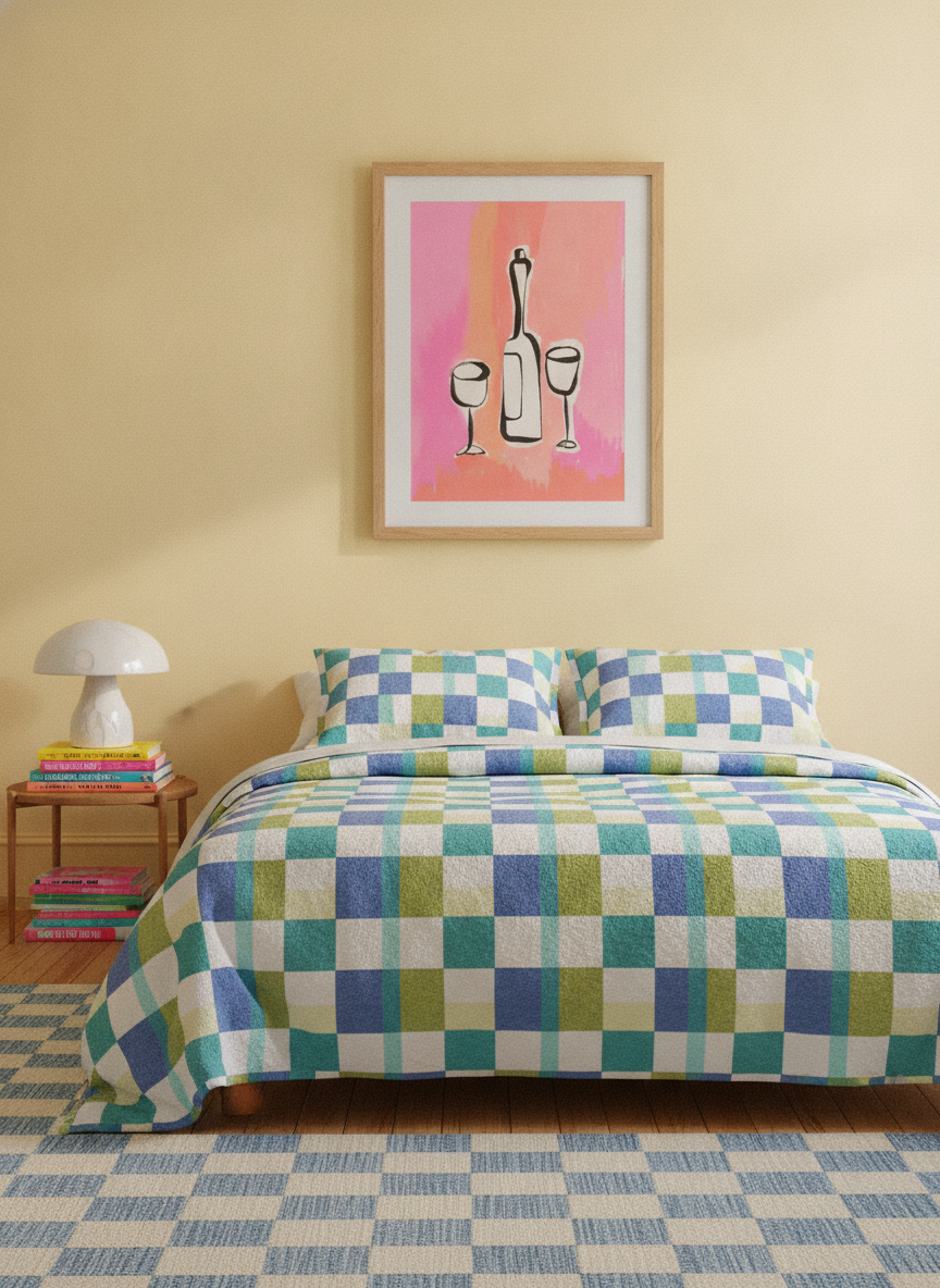 Modern wall art print styled on the wall in a colourful eclectic bedroom