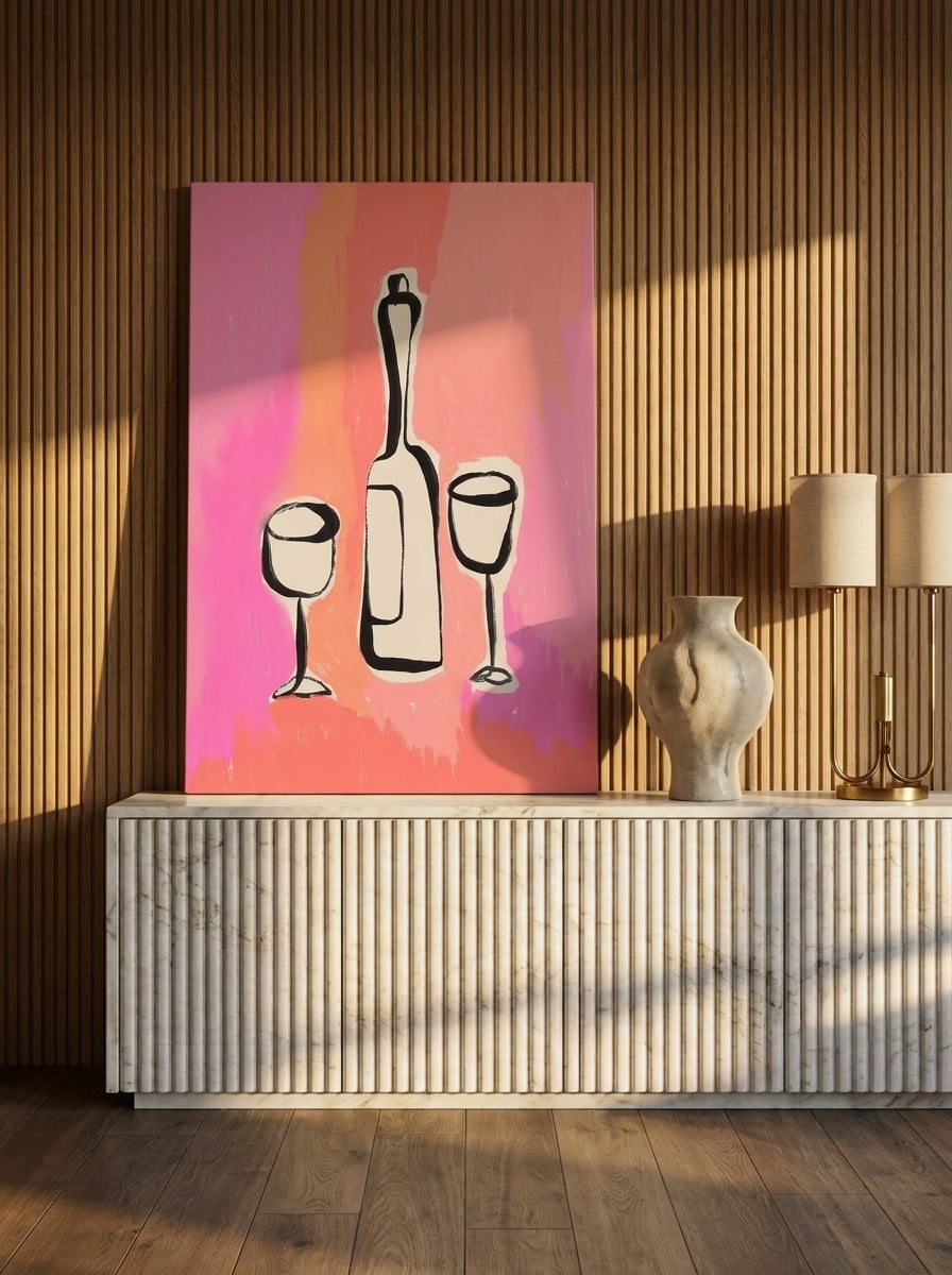 Stretched canvas wall art standing on a sideboard in a luxe living room