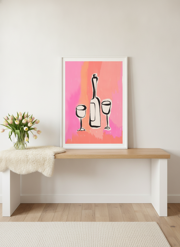 Modern wall art print standing on a kitchen bench in a bright Scandinavian kitchen