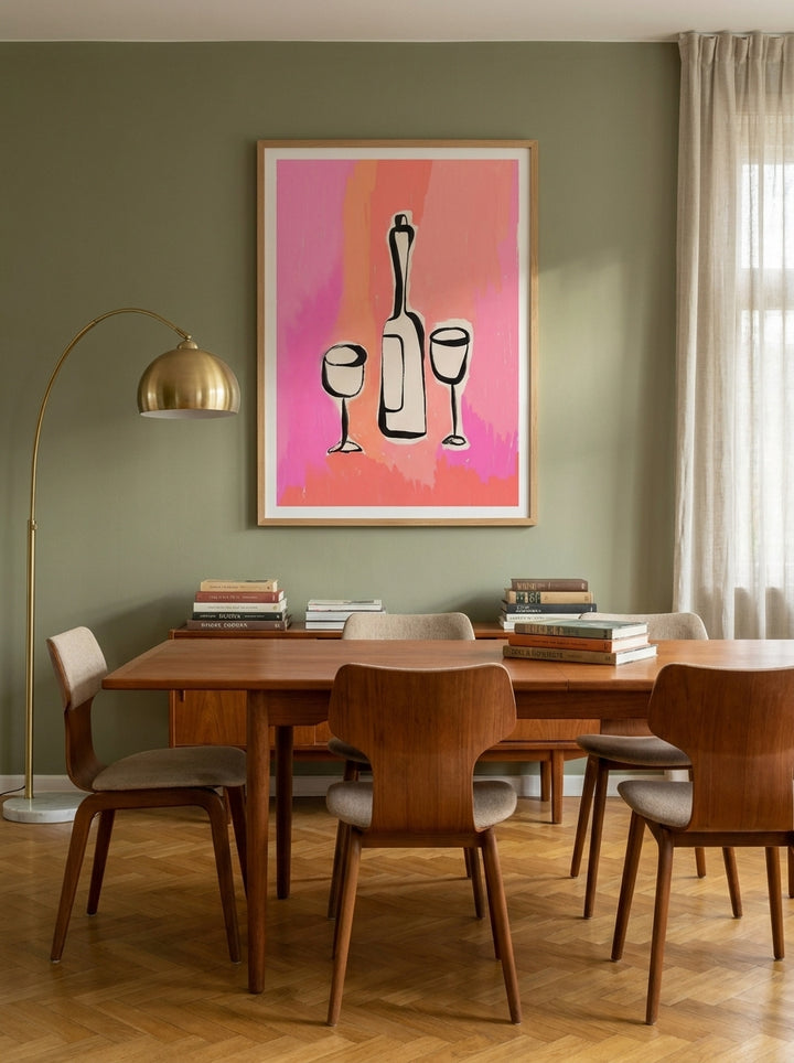 Modern wall art print styled on the wall in a mid-century dining room