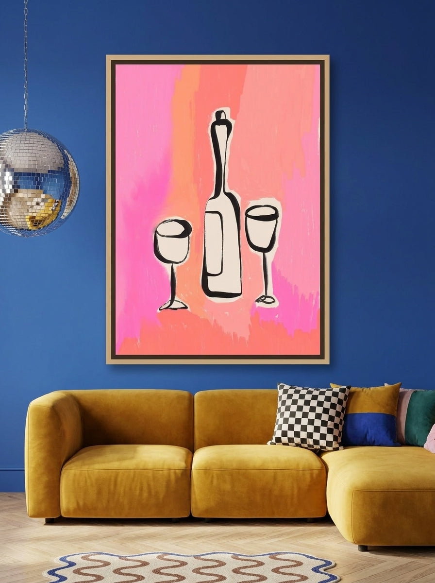 Oversized statement canvas wall art with a natural timber surround styled on the wall in a colourful eclectic living room