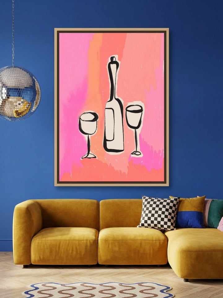 Oversized statement canvas wall art with a natural timber surround styled on the wall in a colourful eclectic living room