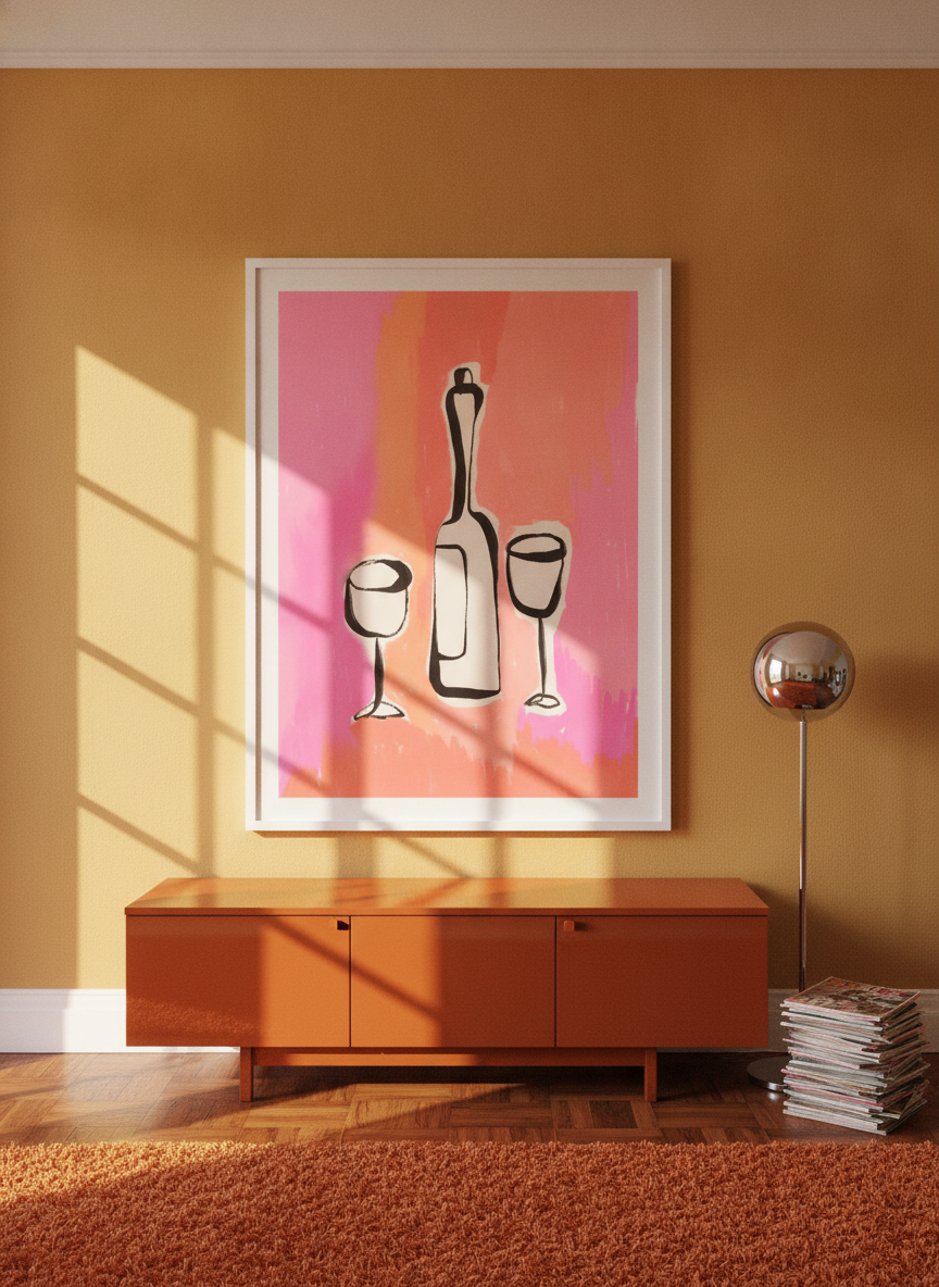 Oversized statement modern wall art print styled on the wall in a retro 70s living room