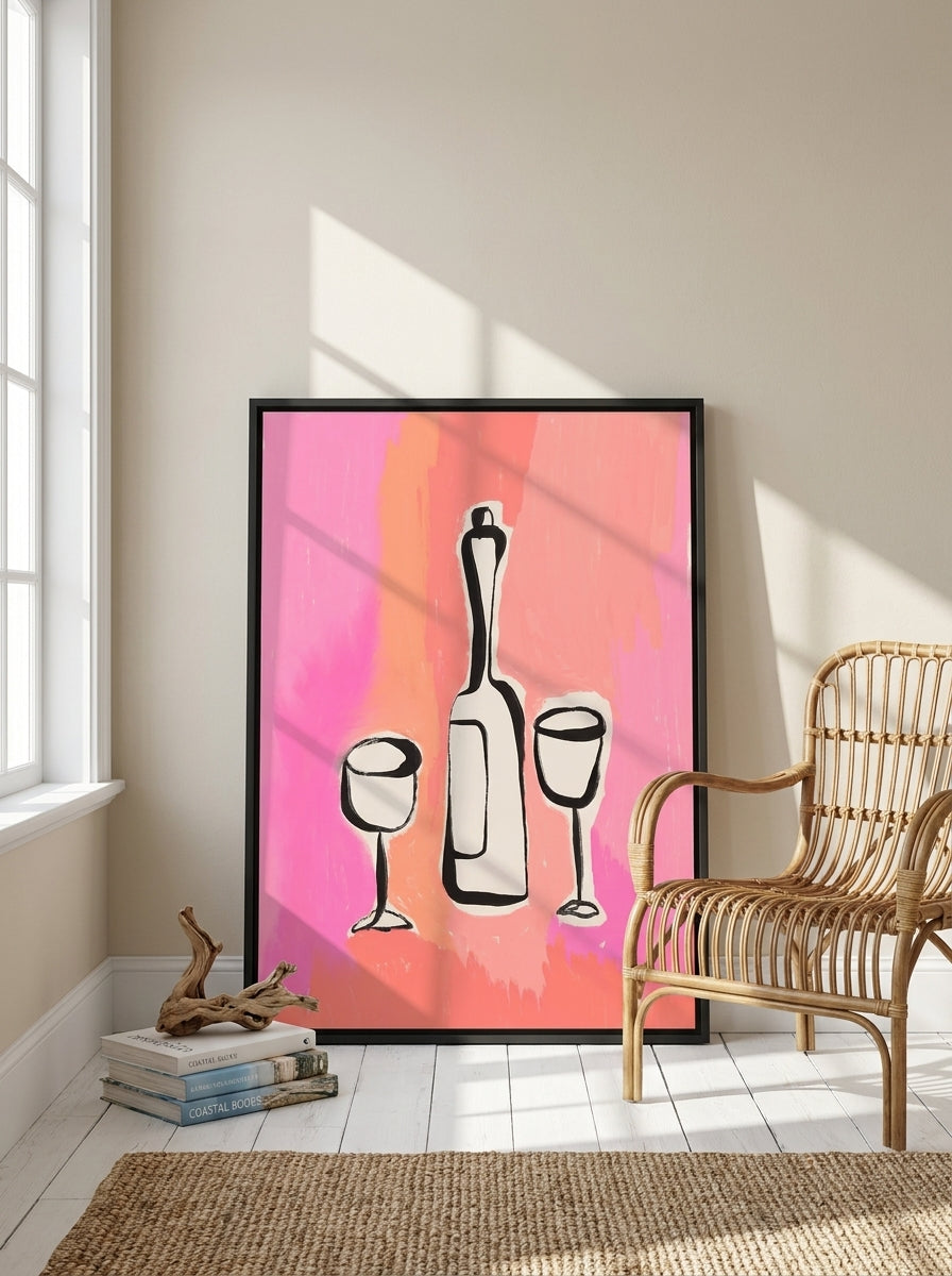 Canvas wall art with a black surround leaning against the wall in a coastal dining room