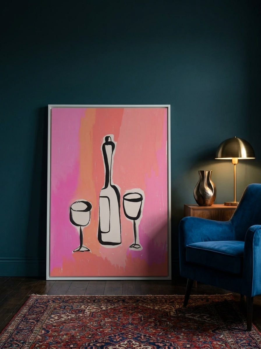 Canvas wall art with a white surround leaning against the wall in a moody kitchen