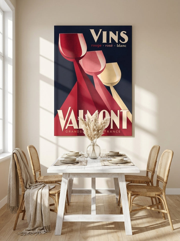 Stretched canvas wall art styled on the wall in a coastal dining room