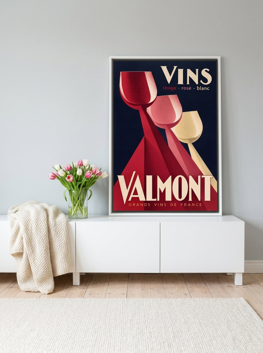 Canvas wall art with a white surround standing on a sideboard in a bright Scandinavian dining room