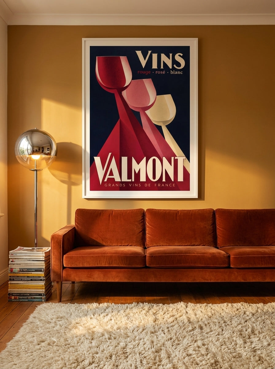 Oversized statement modern wall art print styled on the wall in a retro 70s living room