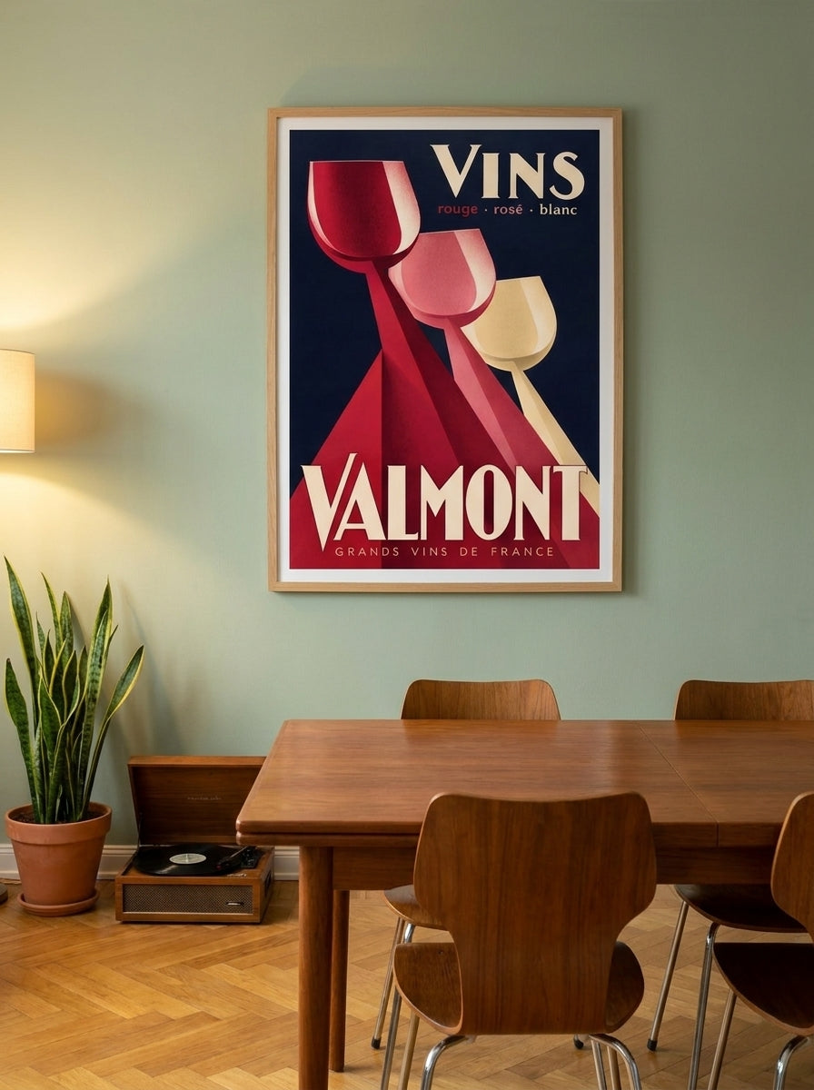 Modern wall art print styled on the wall in a mid-century dining room