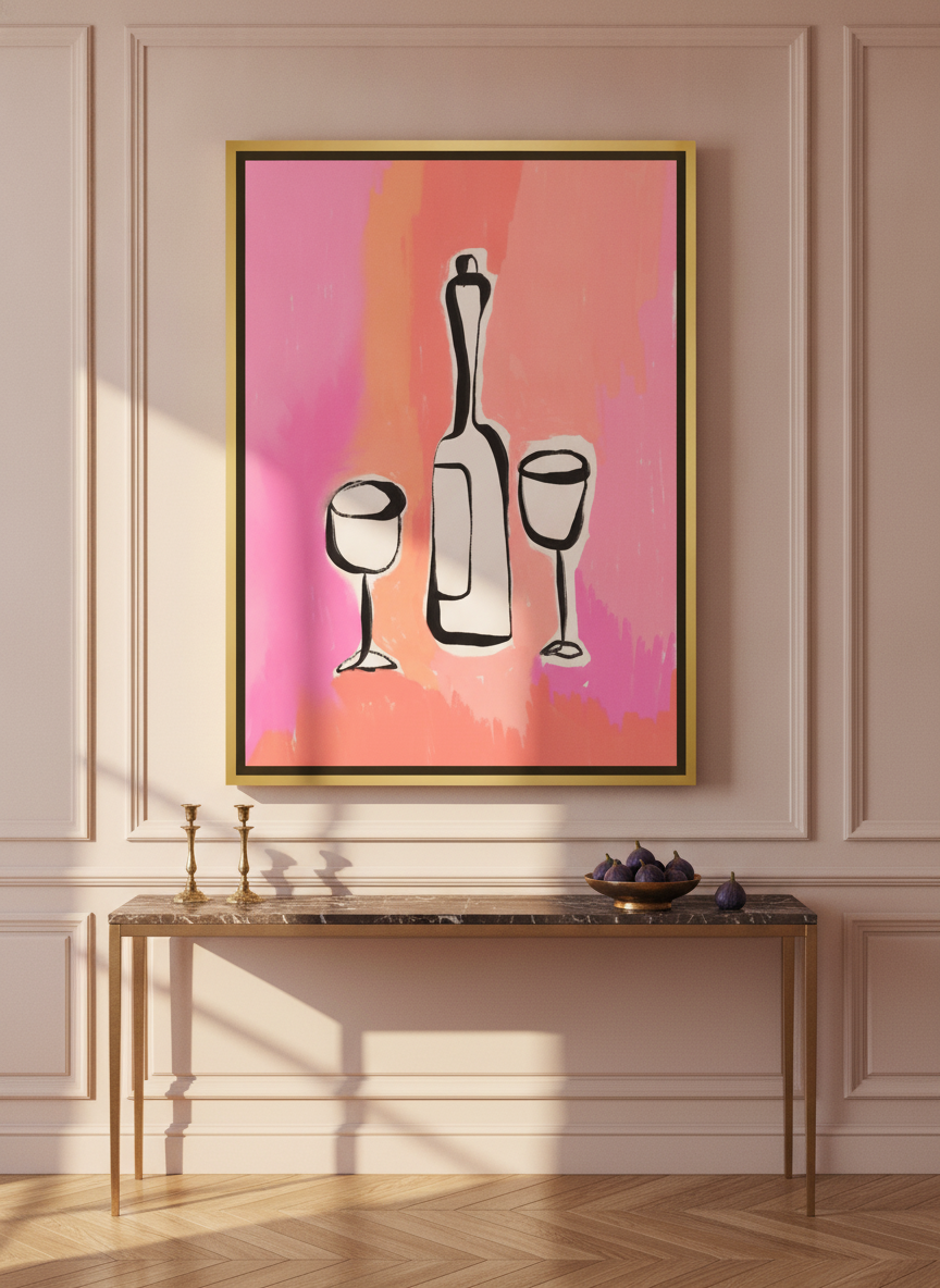 Oversized statement canvas wall art with a gold leaf surround styled on the wall in a Parisian living room