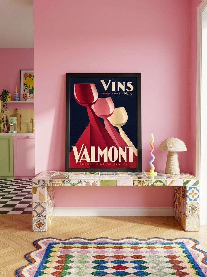 Modern wall art print standing on a kitchen bench in a colourful eclectic kitchen