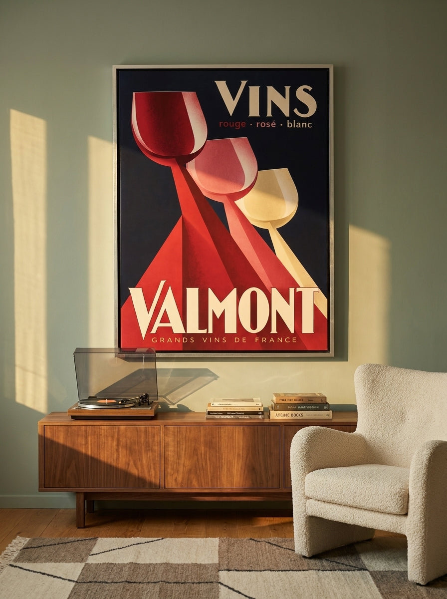 Oversized statement canvas wall art with a silver leaf surround styled on the wall in a mid-century living room