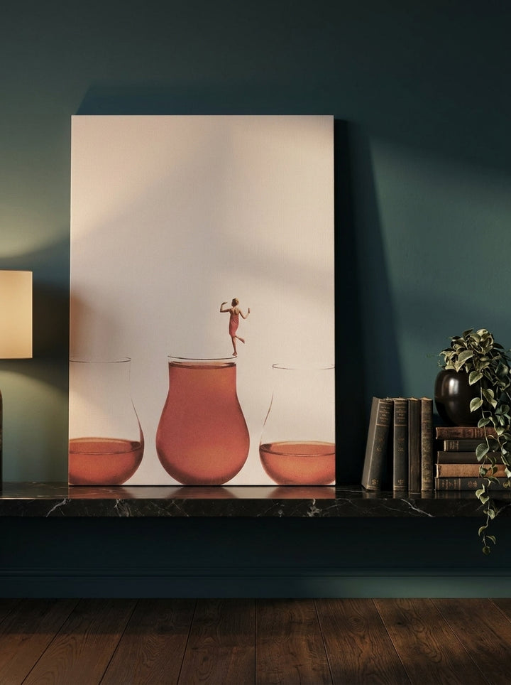 Stretched canvas wall art standing on a kitchen bench in a moody kitchen