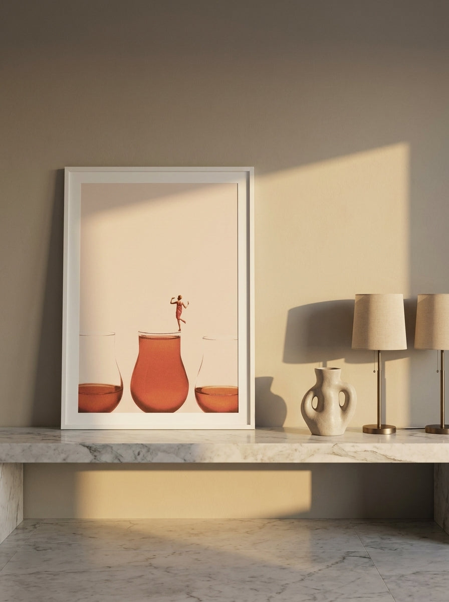 Modern wall art print standing on a kitchen bench in a luxe kitchen