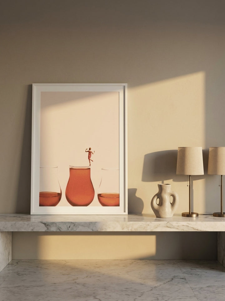Modern wall art print standing on a kitchen bench in a luxe kitchen