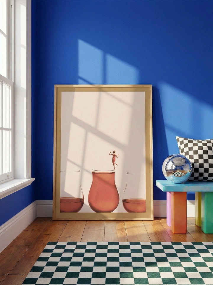 Oversized statement modern wall art print leaning against the wall in a colourful eclectic bedroom