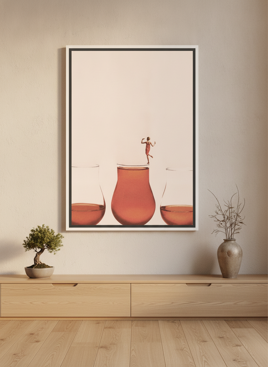 Oversized statement canvas wall art with a white surround styled on the wall in a warm Japandi living room