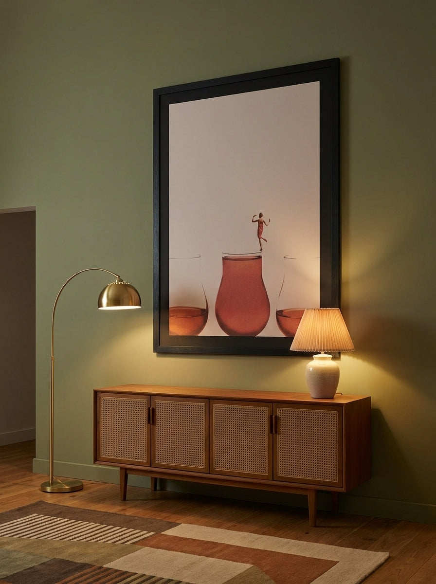 Oversized statement modern wall art print styled on the wall in a mid-century living room