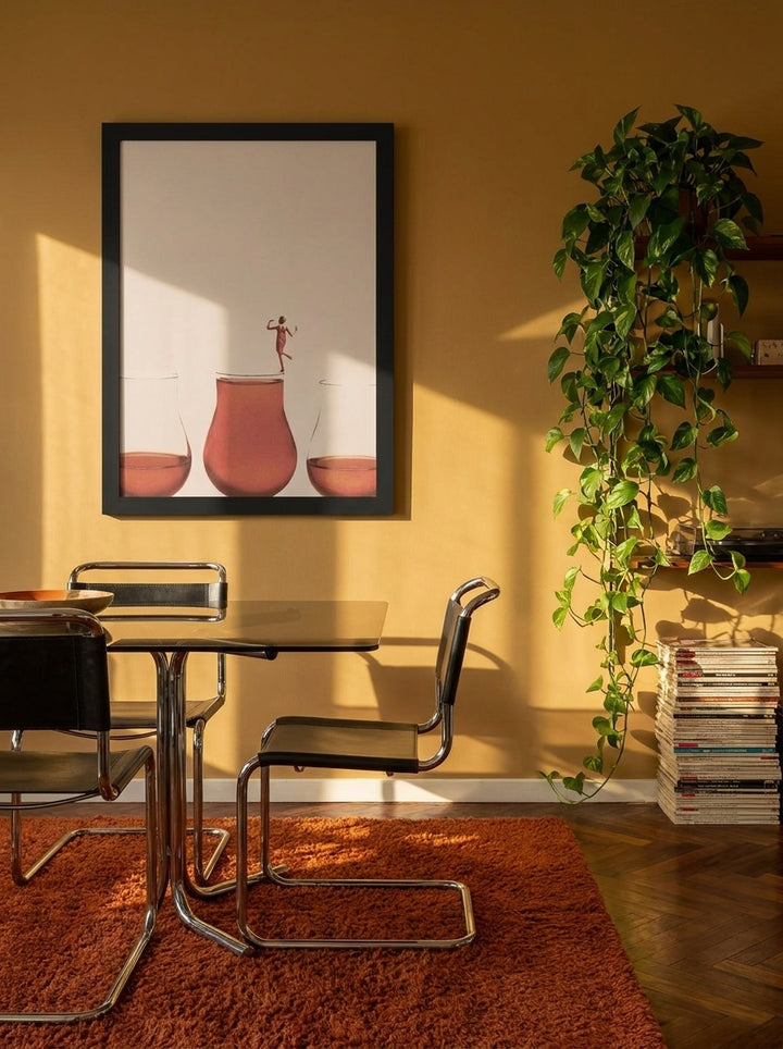 Modern wall art print styled on the wall in a retro 70s dining room