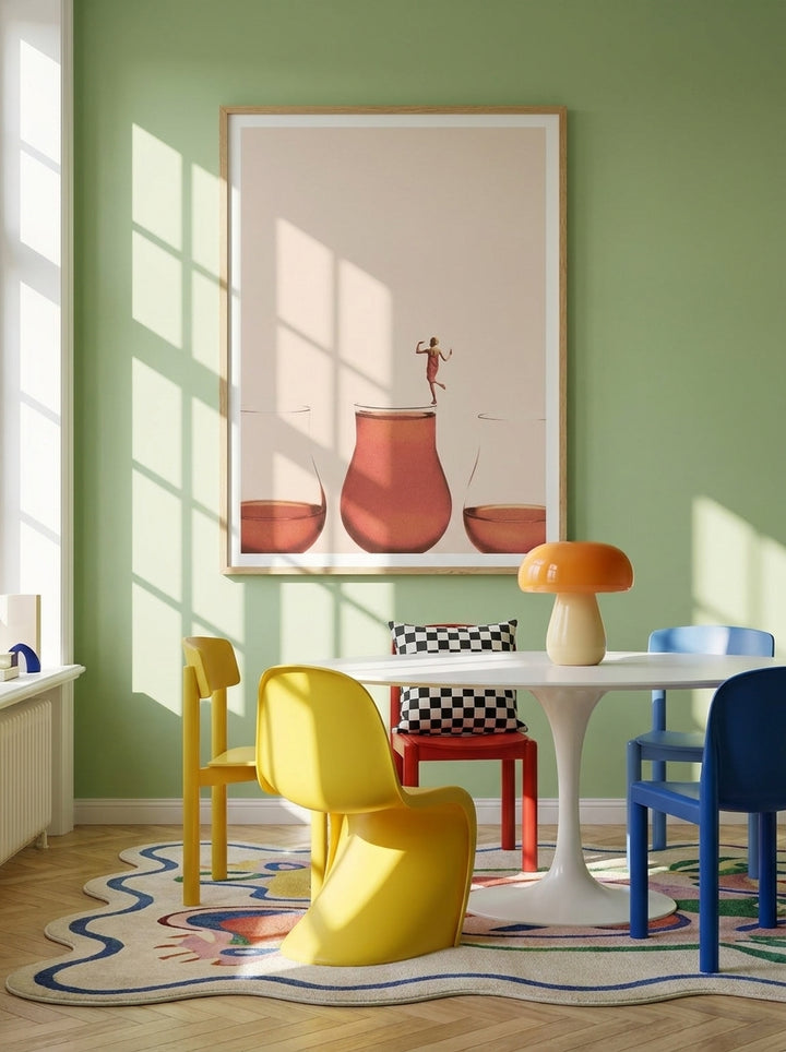 Modern wall art print styled on the wall in a colourful eclectic dining room