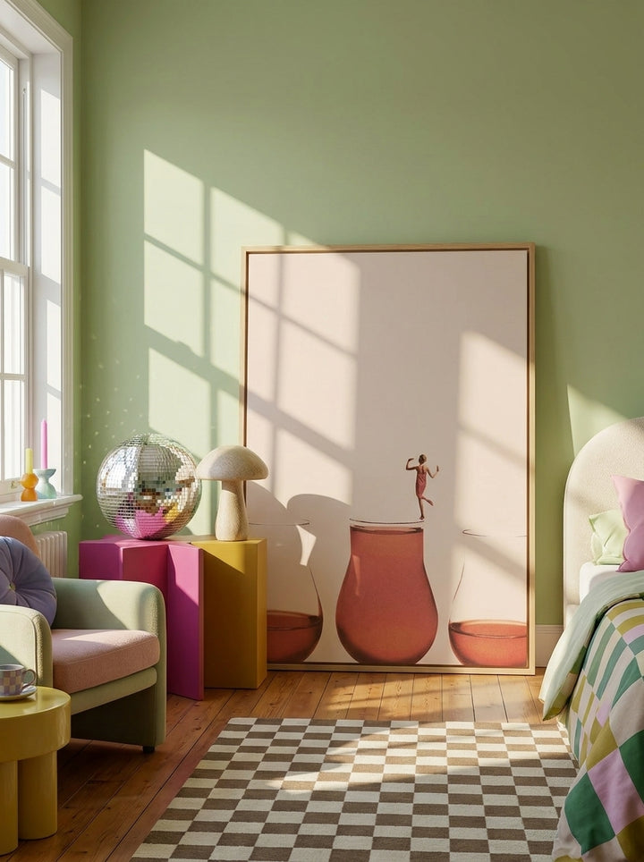 Oversized statement canvas wall art with a natural timber surround leaning against the wall in a colourful eclectic bedroom