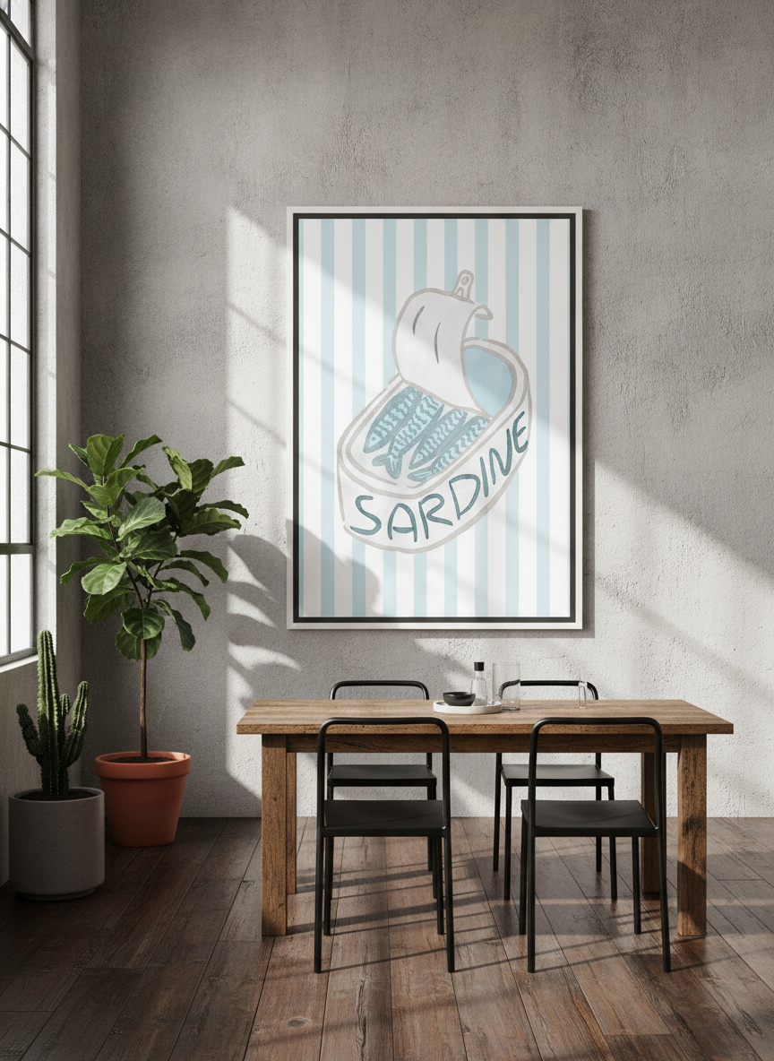 Oversized statement canvas wall art with a white surround styled on the wall in an industrial loft dining room