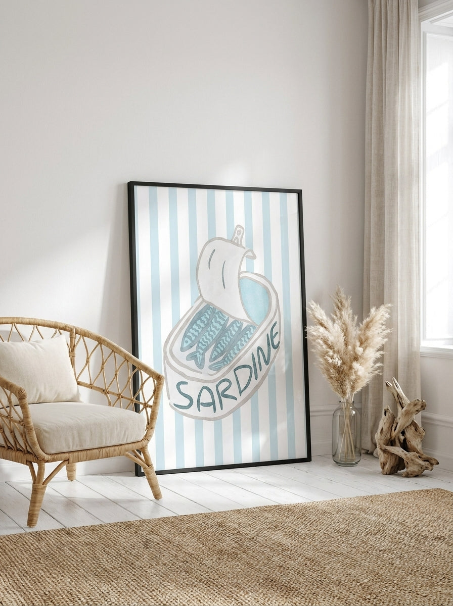 Oversized statement modern wall art print leaning against the wall in a coastal dining room