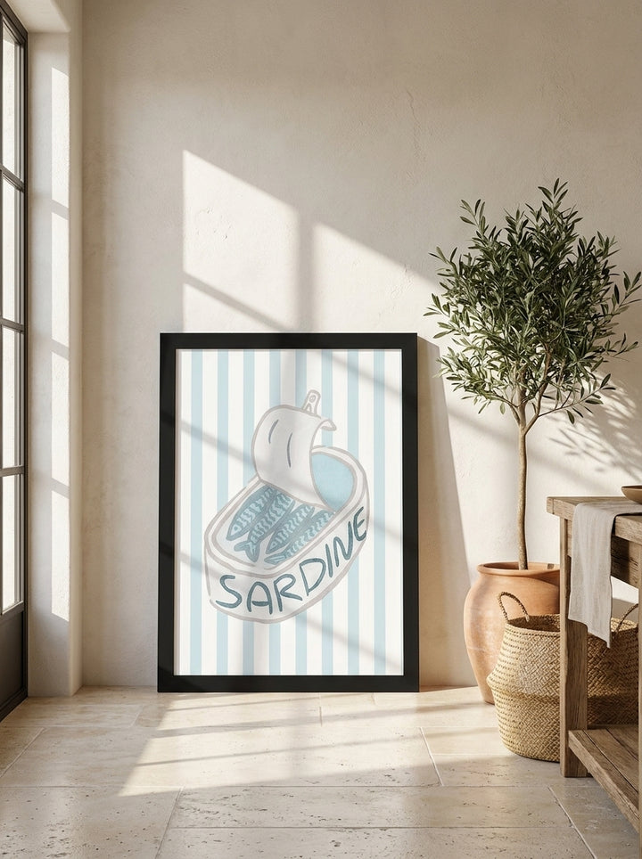 Modern wall art print leaning against the wall in a Mediterranean kitchen