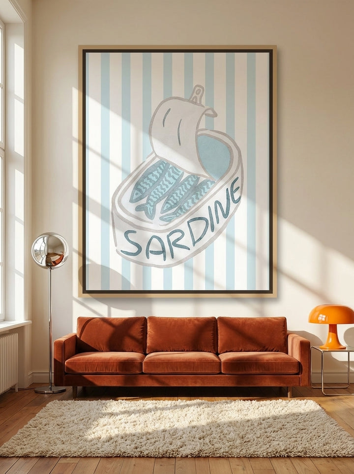 Oversized statement canvas wall art with a natural timber surround styled on the wall in a retro 70s living room