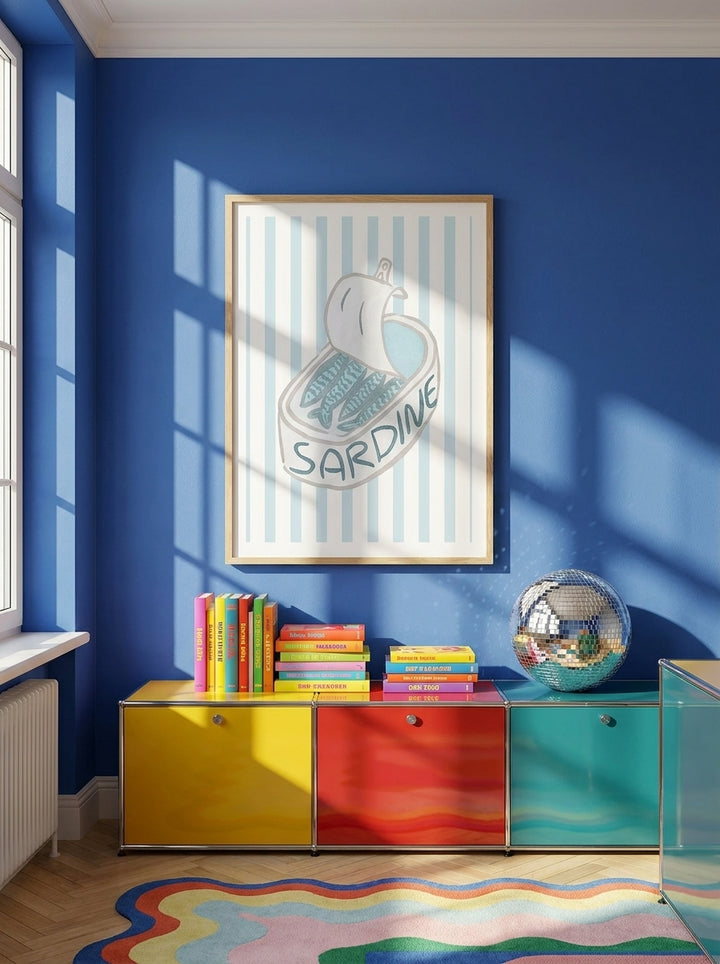 Modern wall art print styled on the wall in a colourful eclectic kitchen