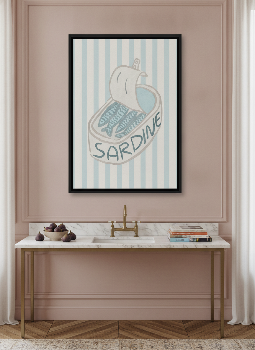 Canvas wall art with a black surround styled on the wall in a Parisian kitchen