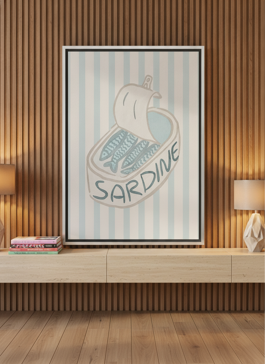 Canvas wall art with a silver leaf surround standing on a console in a luxe living room