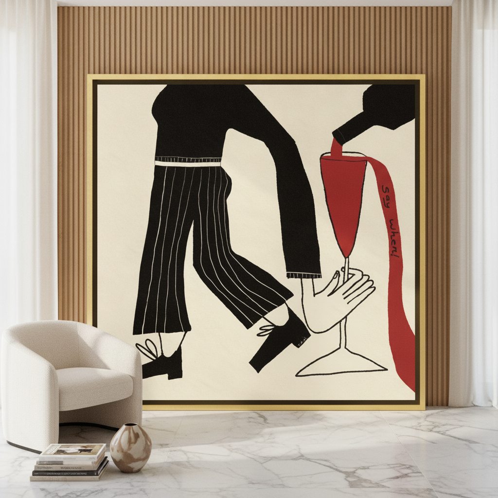 Oversized statement canvas wall art with a gold leaf surround leaning against the wall in a luxe living room