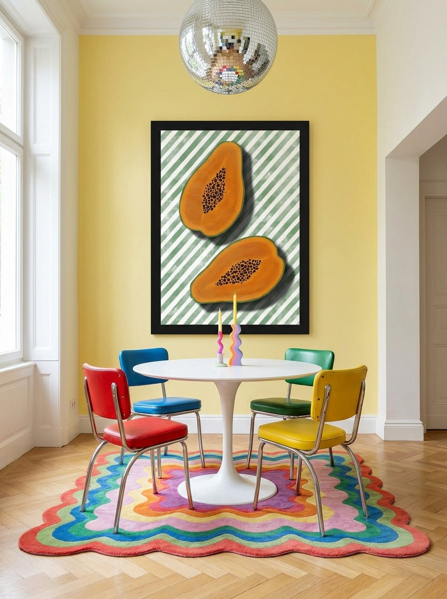 Oversized statement modern wall art print styled on the wall in a colourful eclectic dining room