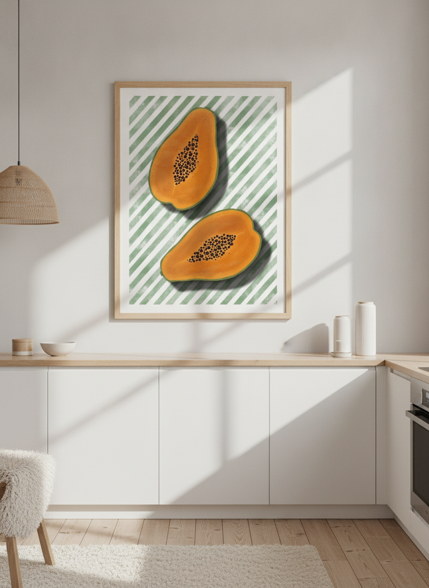 Modern wall art print styled on the wall in a bright Scandinavian kitchen